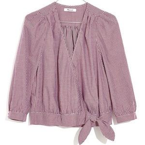 MADEWELL Maroon Ecru Gingham Check Tie Front Wrap Top M NWT